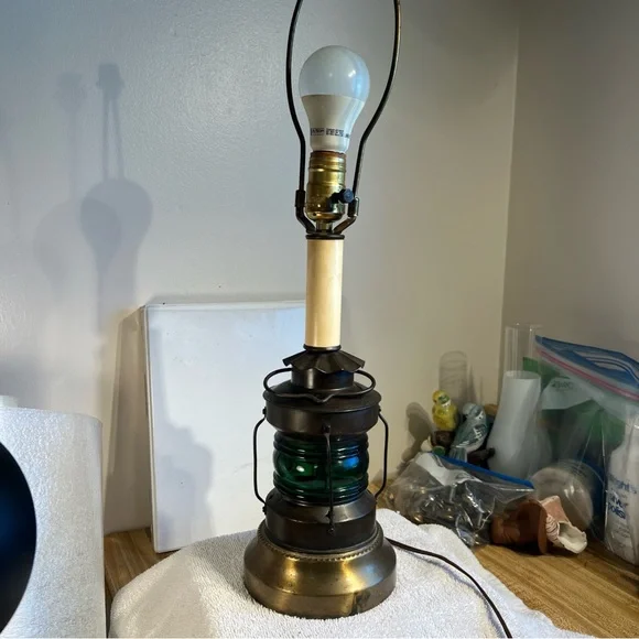 Vintage Nautical Lantern Electric Lamp Green Glass Lantern Base 3-Way Lamp - Picture 7 of 16